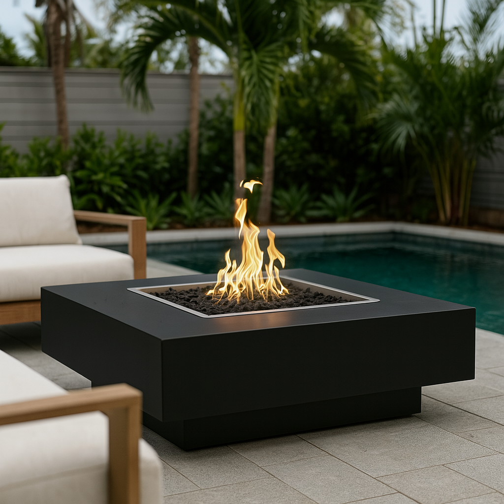 Cabo Square Outdoor Fire Pit Table – Black Powder-Coated Metal – Liquid Propane