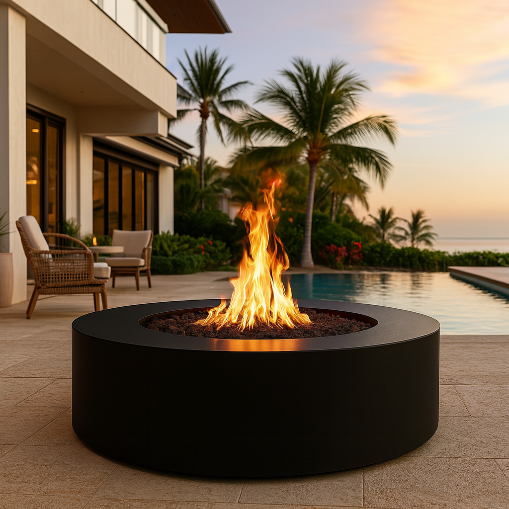Unity Round Outdoor Fire Pit Table – Black Powder-Coated Metal – Liquid Propane by The Outdoor Plus