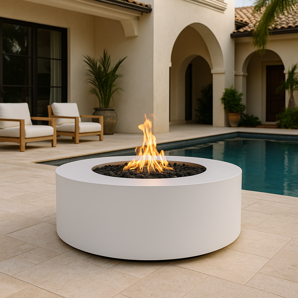 Unity Round Outdoor Fire Pit Table – White Powder-Coated Metal – Liquid Propane by The Outdoor Plus