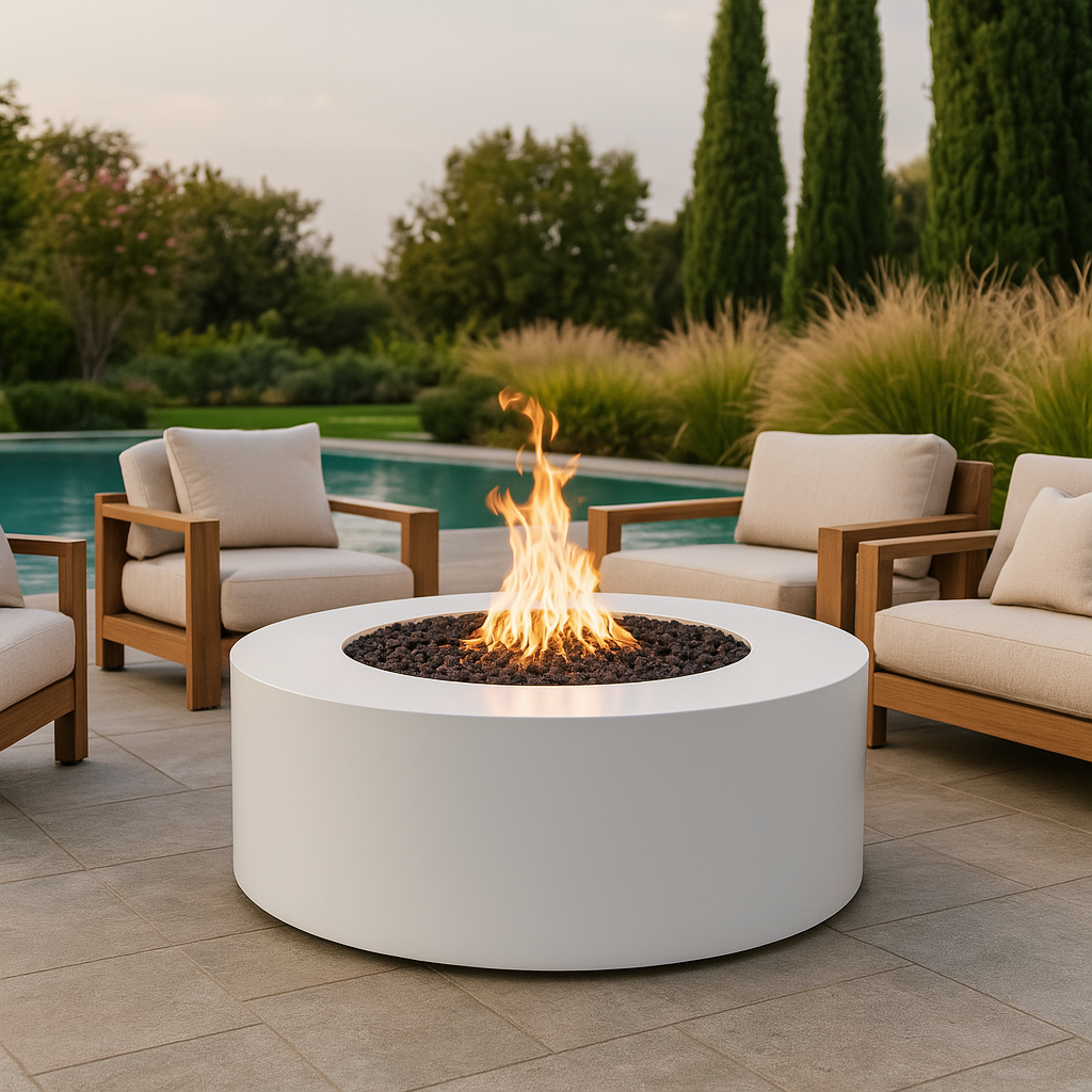 Unity Round Outdoor Fire Pit Table – White Powder-Coated Metal – Liquid Propane by The Outdoor Plus