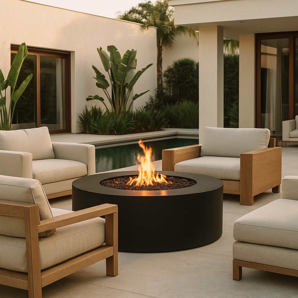Unity Round Outdoor Fire Pit Table – Black Powder-Coated Metal – Liquid Propane by The Outdoor Plus