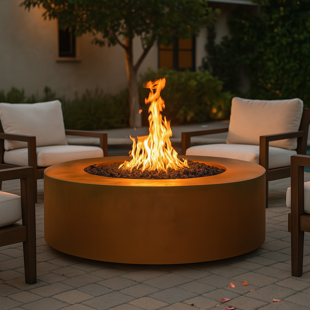 Unity Round Outdoor Fire Pit Table – Corten Steel – Liquid Propane by The Outdoor Plus