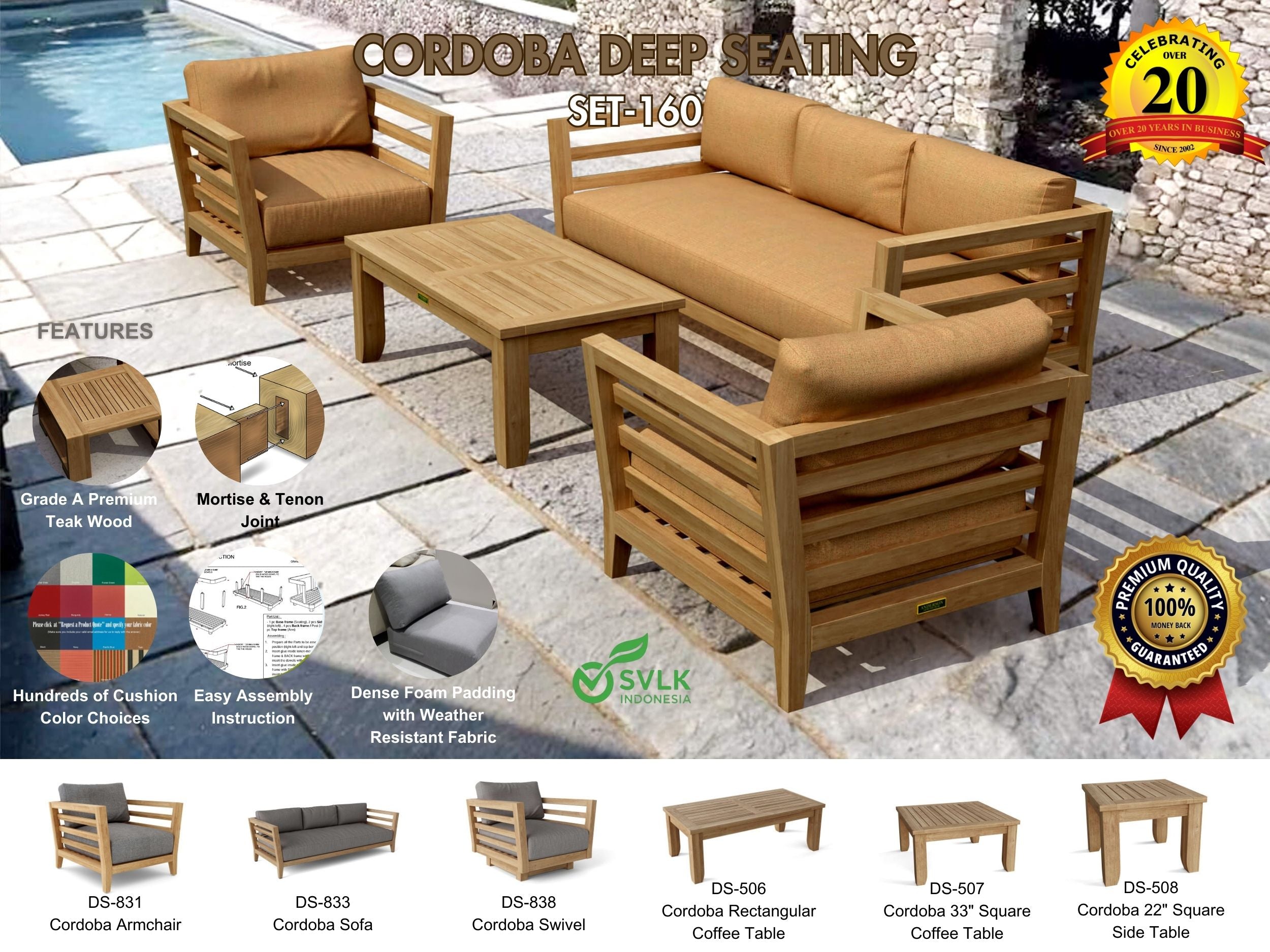 Cordoba 4 Piece Deep Seating Set (SET 160) – A Grade Teak Solid Wood Outdoor Lounge by Anderson Teak