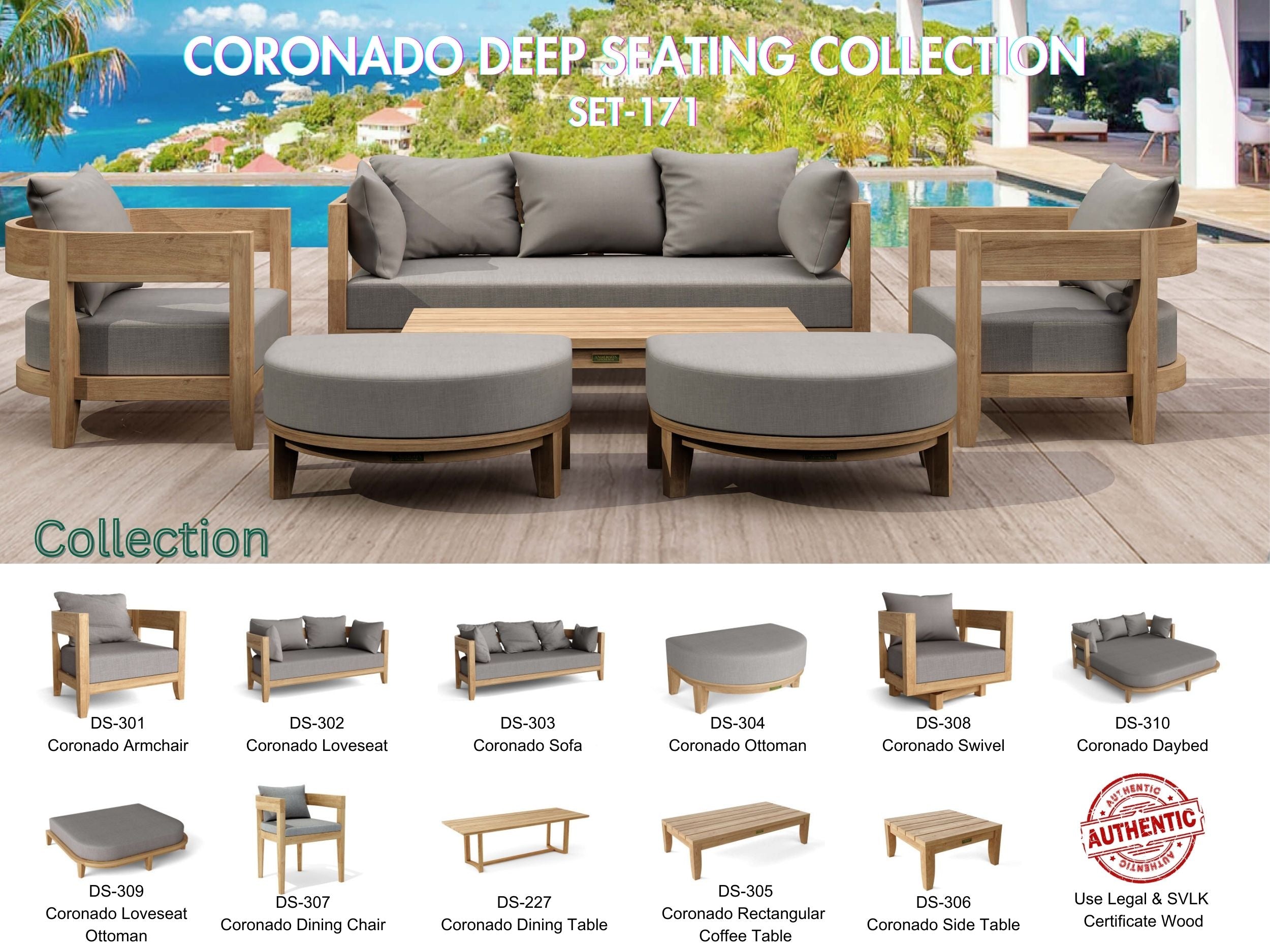 Cordoba 6 Piece Coronado Deep Seating Set (SET 171) – A Grade Teak Solid Wood Outdoor Lounge by Anderson Teak