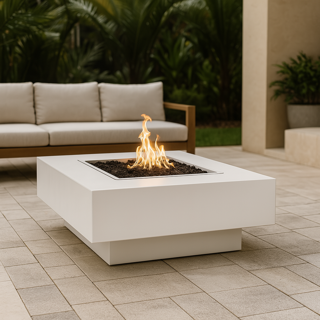 Cabo Square Outdoor Fire Pit Table – White Powder-Coated Metal – Liquid Propane by The Outdoor Plus