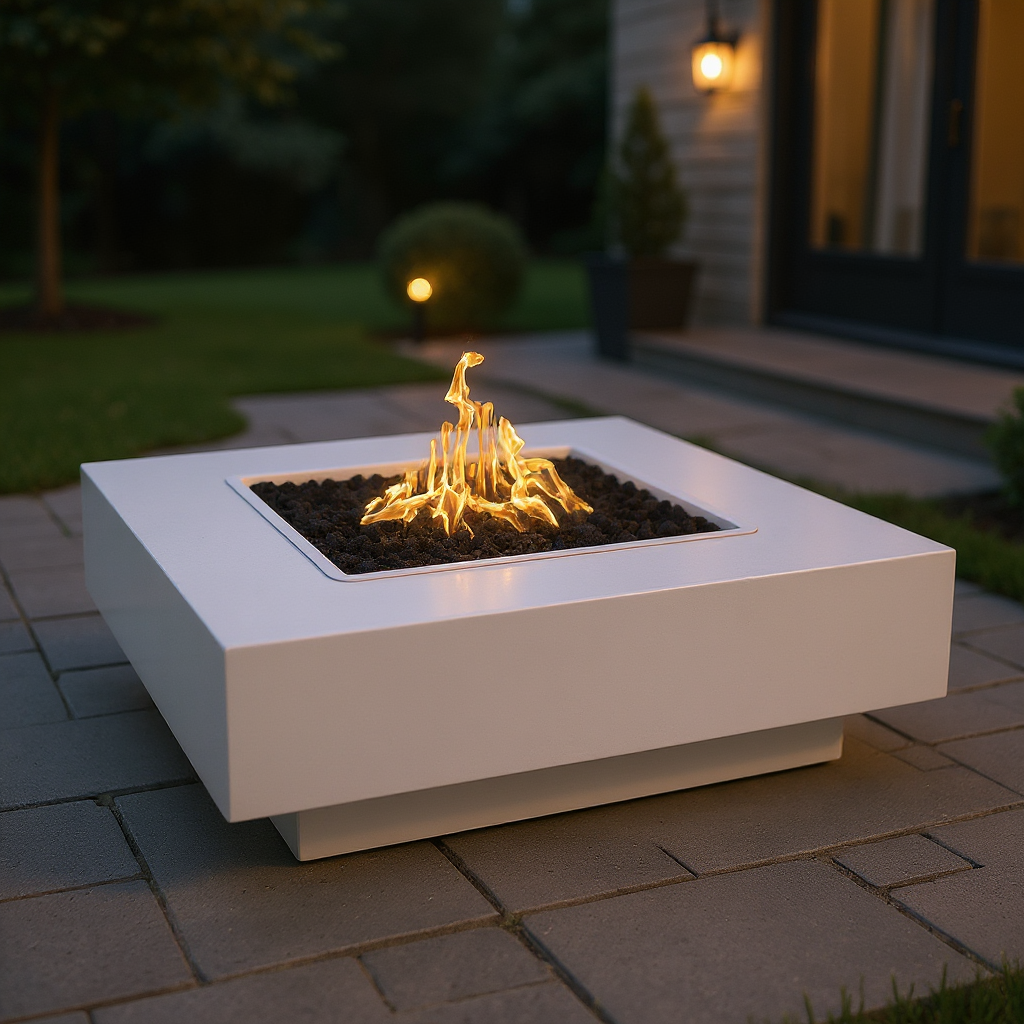 Cabo Square Outdoor Fire Pit Table – White Powder-Coated Metal – Liquid Propane by The Outdoor Plus