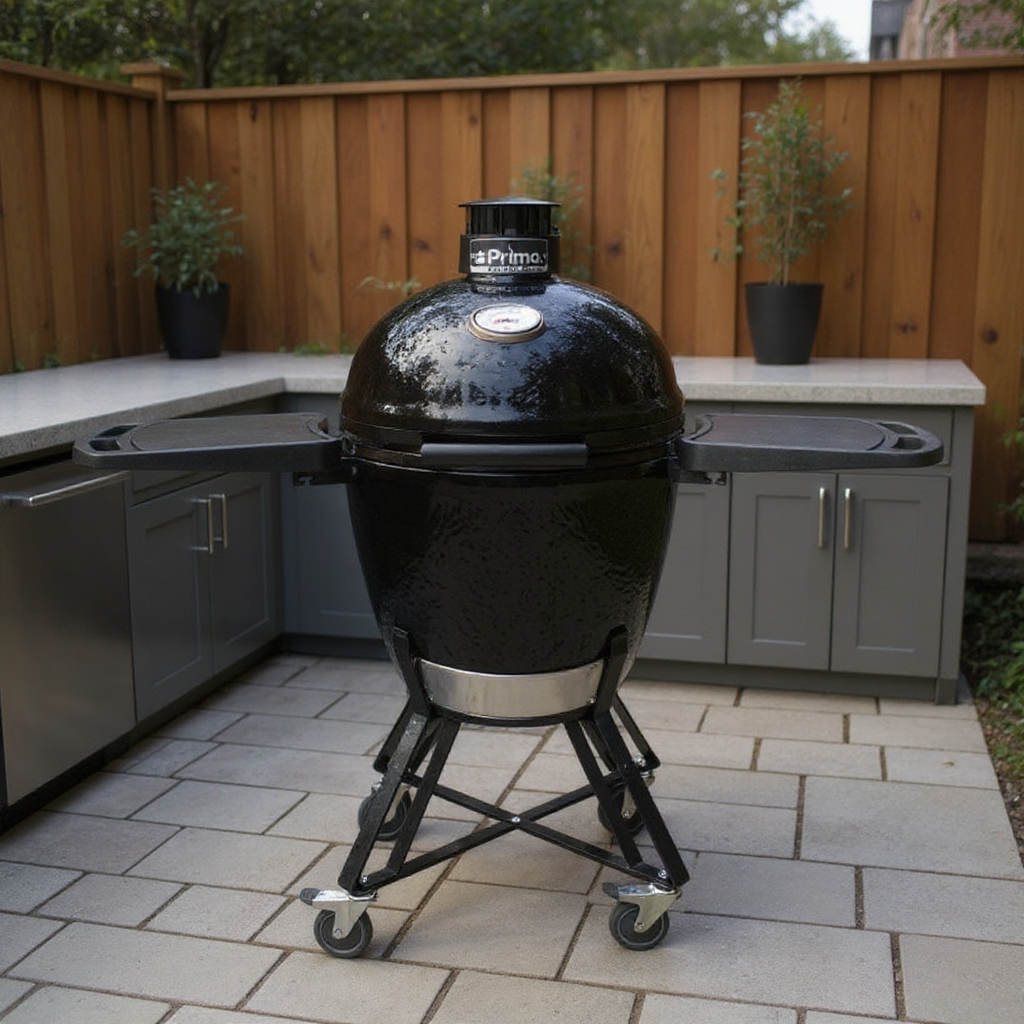 Primo Round All-In-One Ceramic Kamado Grill with Cradle & Side Shelves